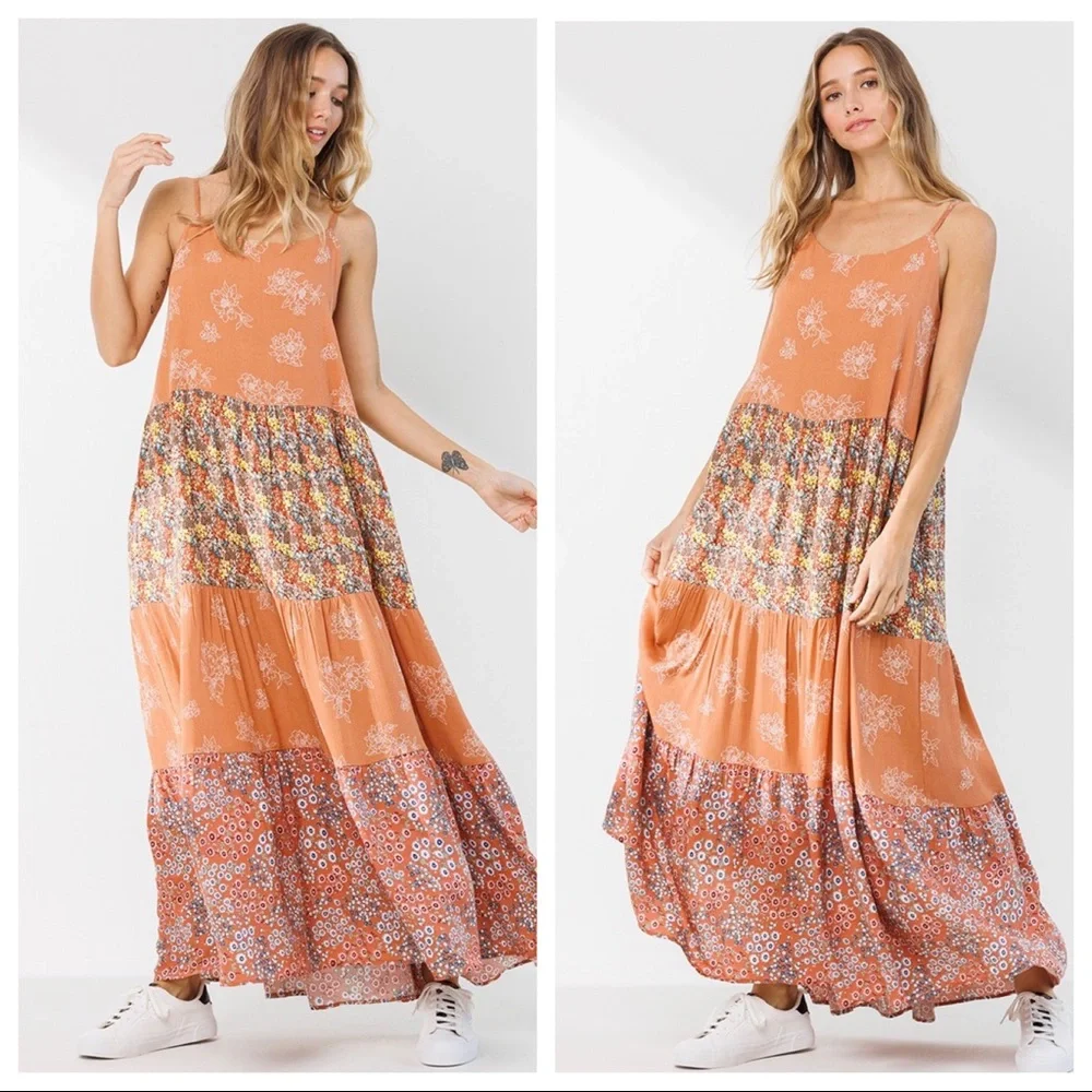 Boho Fabulous Floral Color Block Tiered Maxi dress - Picture 3 of 4